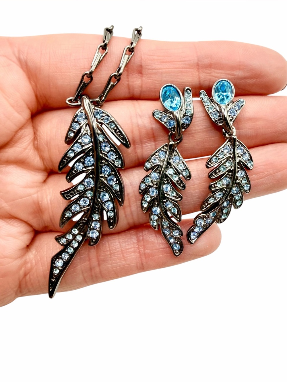 Vintage Givenchy Gunmetal-Tone Blue Crystal Feather Necklace and Earring Set